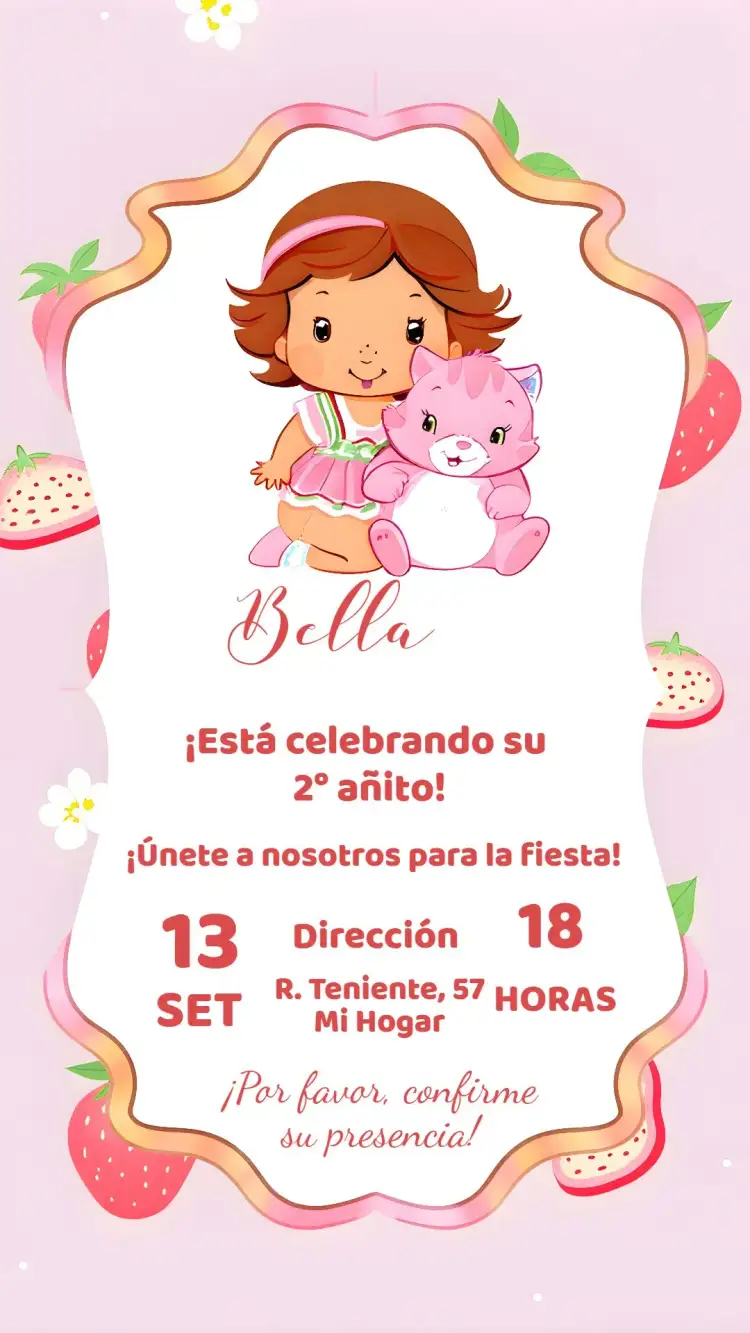 Invitación Pastelito Fresa – tema Más buscados delicado, floral, acuarela, rosa, infantil, colorido