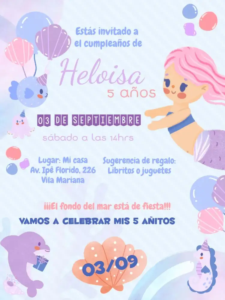 Invitación Fondo Del Mar Infantil – tema Cumpleaños Infantil fondo marino, sirenas, colores pastel, estilo lúdico, temática Disney, elementos marinos
