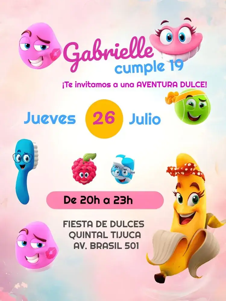Invitación Fini Candy Color Colorido – tema Cumpleaños Infantil colorido, divertido, juguetón, fiesta con dulces, candy, vibrante