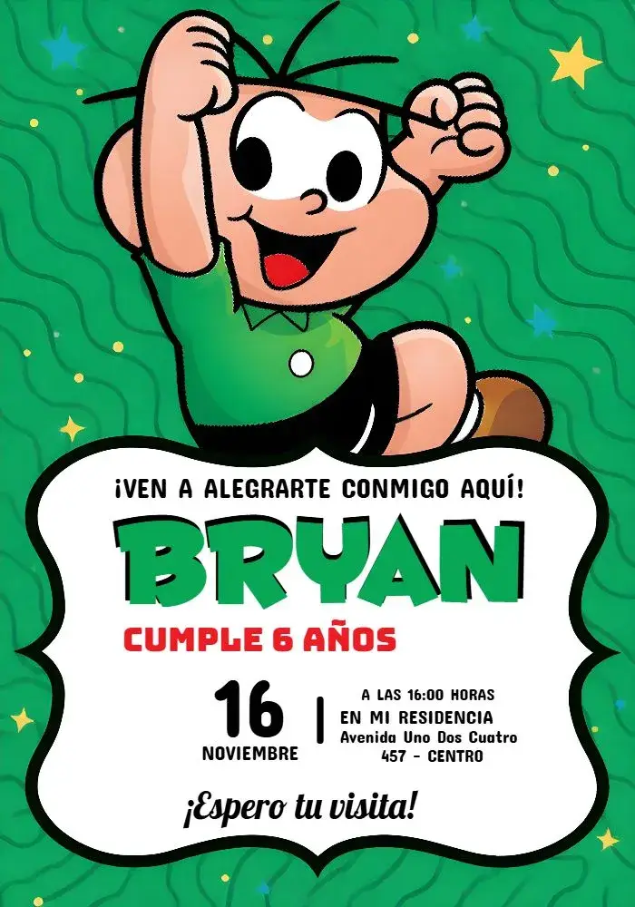 Invitación Cebolinha Turma Da Mônica Turmadamonica editable y personalizable