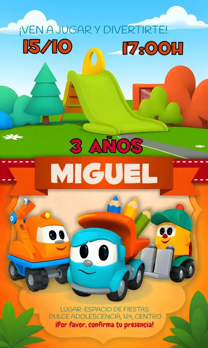 Invitación Léo El Camión Lifty – tema Más buscados colorido, infantil, temático, divertido, moderno