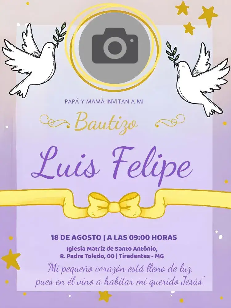 Invitación Bautismo Con Foto Iglesia – tema Bautismo lila, púrpura, ángeles, iglesia, delicado, espiritual