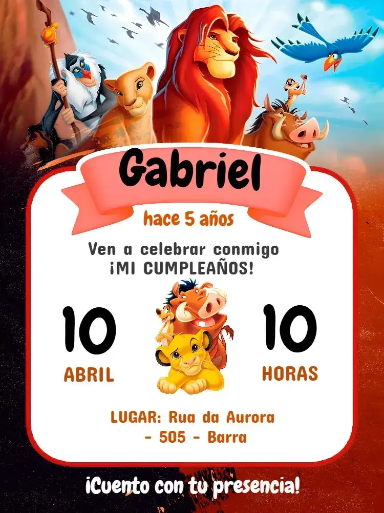 Invitación El Rey León – tema Cumpleaños Infantil colorido, selva, animales, tropical, divertido