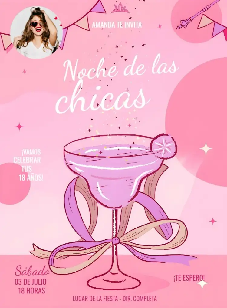 Invitación Noche De Chicas Rosa Con Foto Adulto – tema Cumpleaños rosa, femenino, moderno, vibrante, elegante