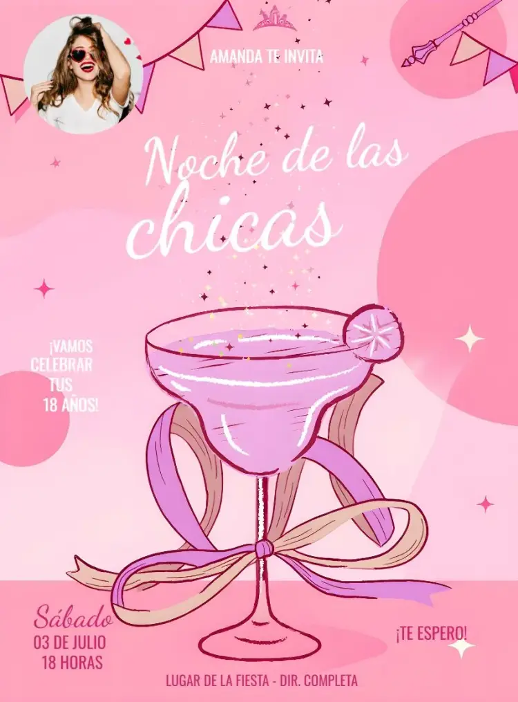 Invitación Noche De Chicas Rosa Con Foto Adulto