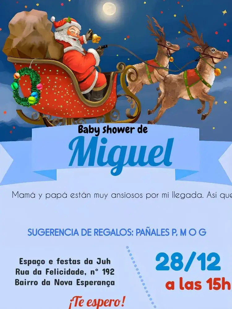 Invitación Baby Shower Papá Noel – tema Fechas Conmemorativas navideño, colorido, divertido, infantil, festivo, alegre