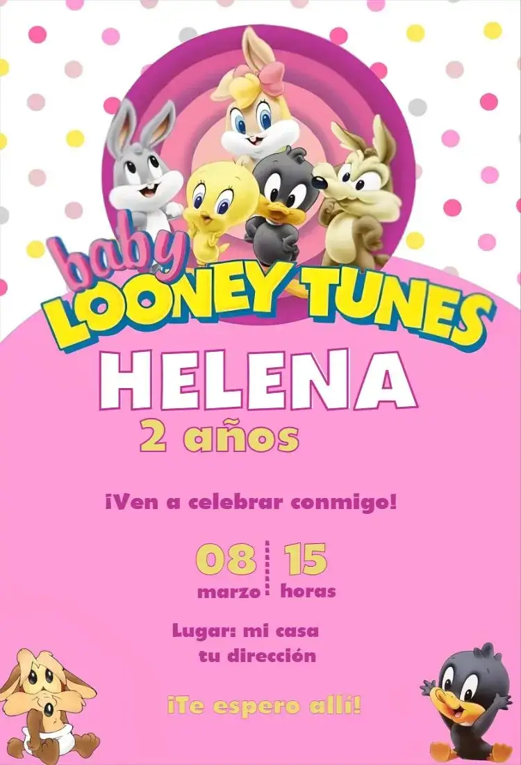 Invitación Looney Tunes Rosa Chica – tema Cumpleaños Infantil rosa, divertido, infantil, animado, colorido