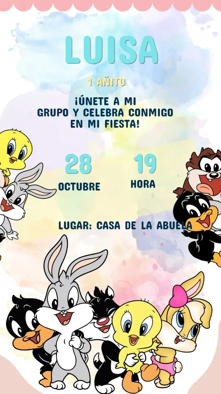 Invitación Invitación Cumpleaños Baby Looney Tunes editable y personalizable