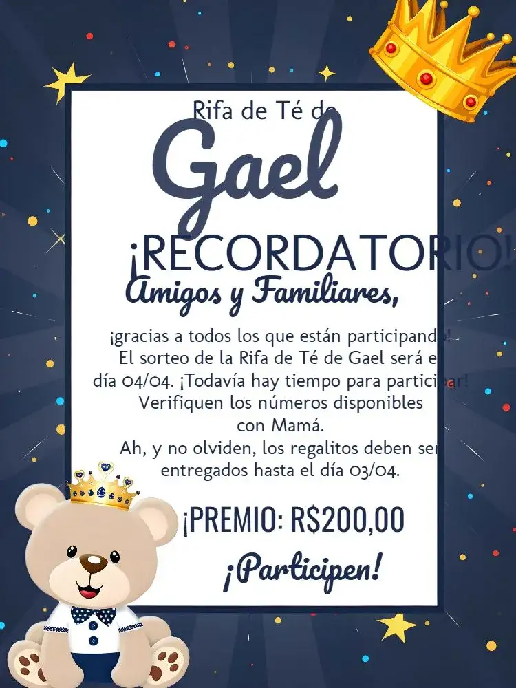 Invitación Té Rifa Osito Príncipe Dorado – tema Té Rifa azul, dorado, blanco, infantil, moderno, lúdico
