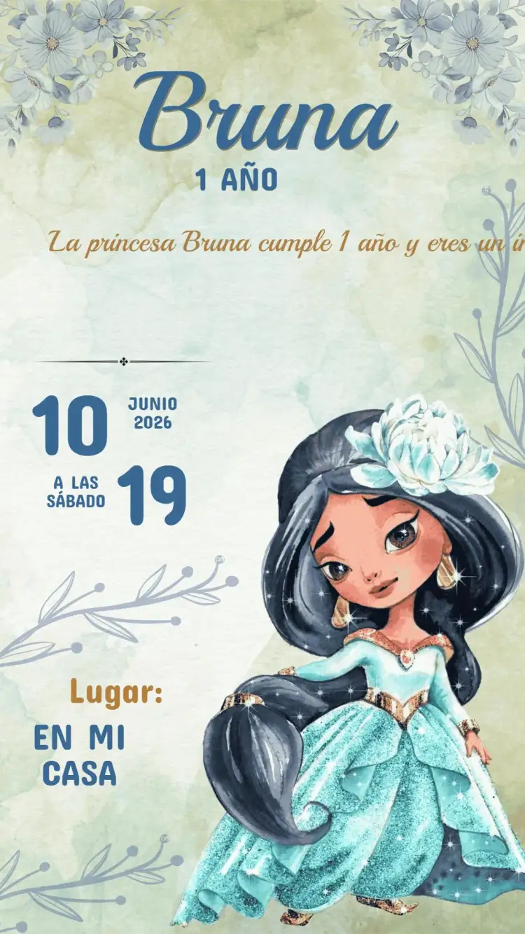 Invitación Invitación Digital Cumpleaños Princesa Jasmine Para Editar – tema Cumpleaños Infantil colores vibrantes, estilo mágico, elementos de cuento de hadas, diseño encantador, motivos florales, toques glamorosos