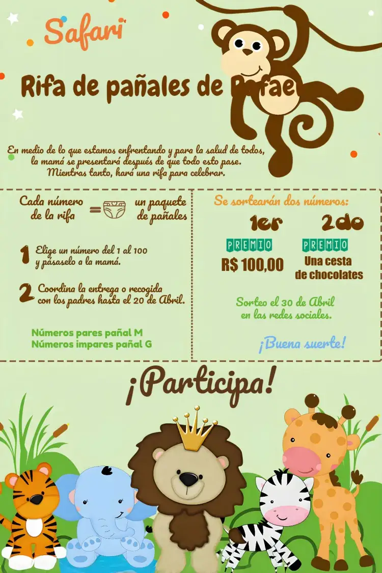 Invitación Baby Shower de Safari con Rifa de Pañales – tema Baby Shower safari, animales, tropical, colorido, divertido, natural
