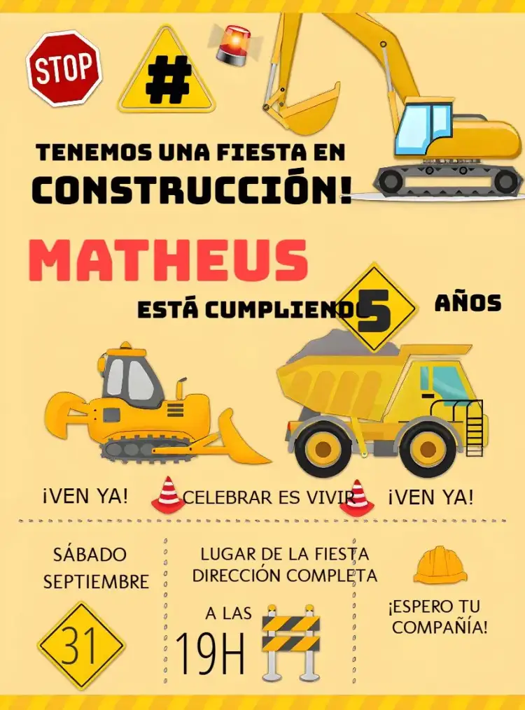 Invitación Construcción Camiones – tema Té Rifa camiones, construcción, colores vibrantes, estilo infantil, elementos gráficos