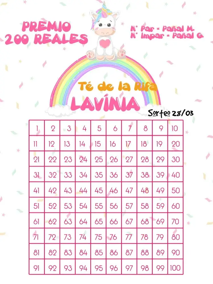 Invitación Té Rifa Unicornio Cha – tema Té Rifa colores vibrantes, diseño lúdico, elementos gráficos de nubes, estilo infantil, tema mágico, ilustraciones de unicornio