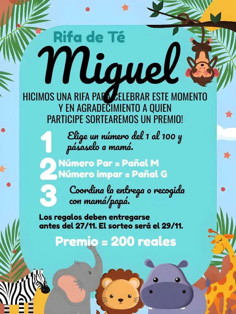 Invitación Té Rifa Safari Cha – tema Té Rifa safari, animales, colorido, divertido, moderno, tropical