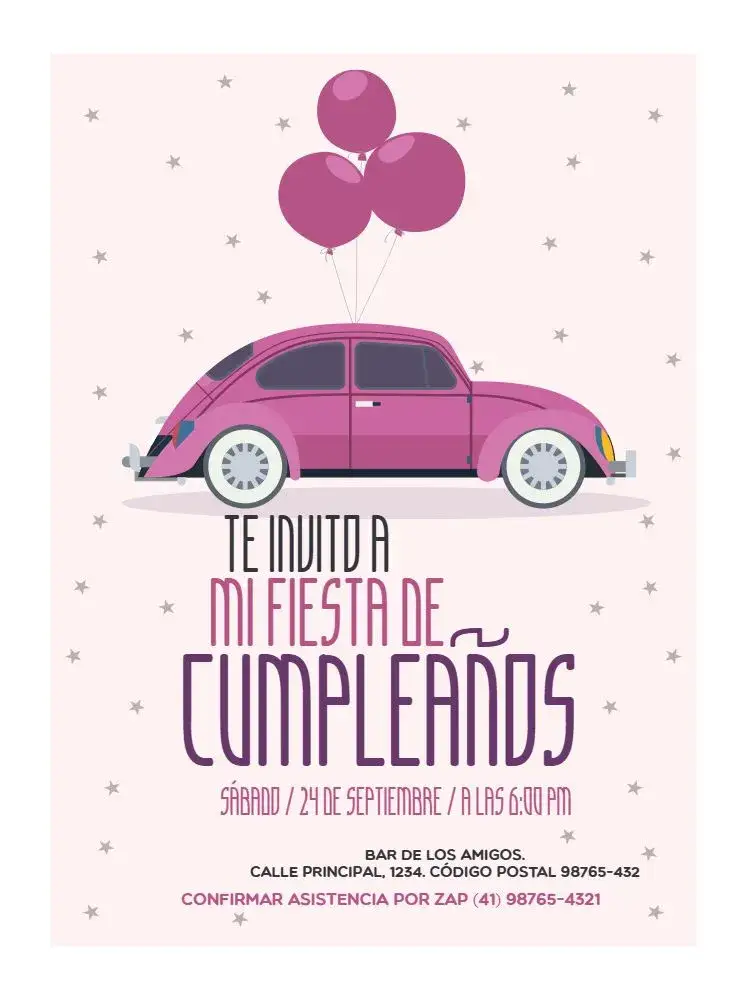 Invitación Fusca Lúdico – tema Cumpleaños Infantil rosa, divertido, lúdico, colorido, infantil, automotivo