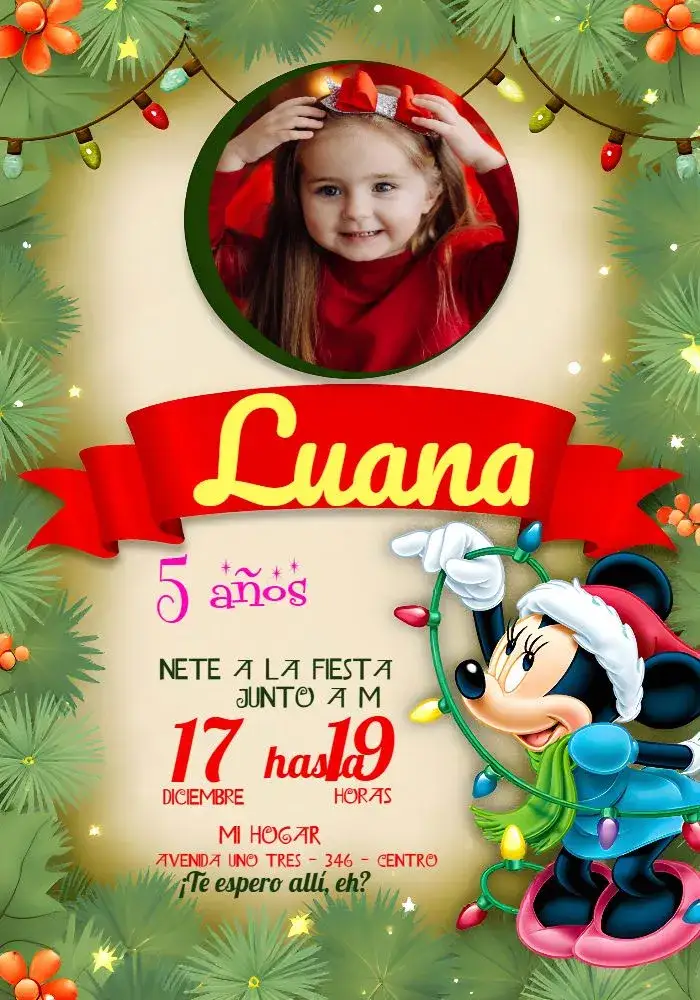 Invitación Minnie Mouse Navidad Con Foto Chica – tema Fechas Conmemorativas colorido, festivo, temática infantil, divertido, Navidad, Minnie Mouse
