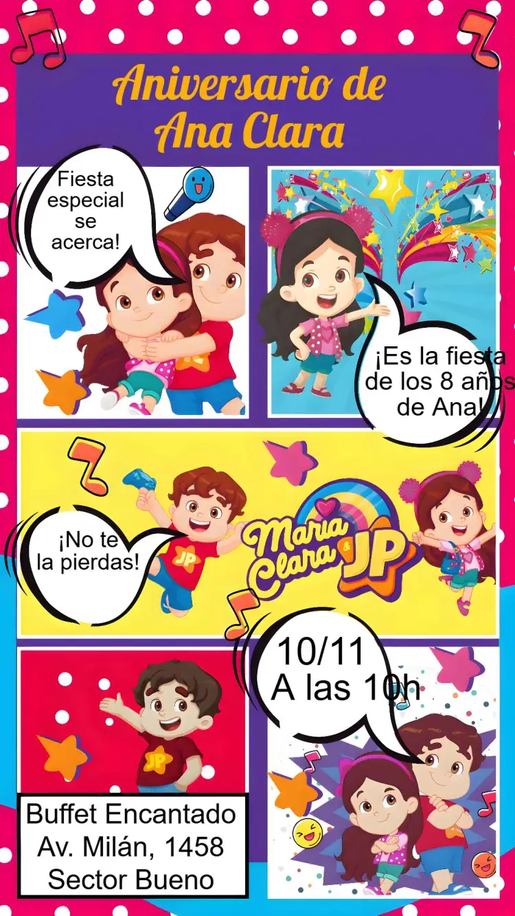 Invitación Maria Clara y JP – tema Cumpleaños Infantil colorido, divertido, infantil, gibi, alegre