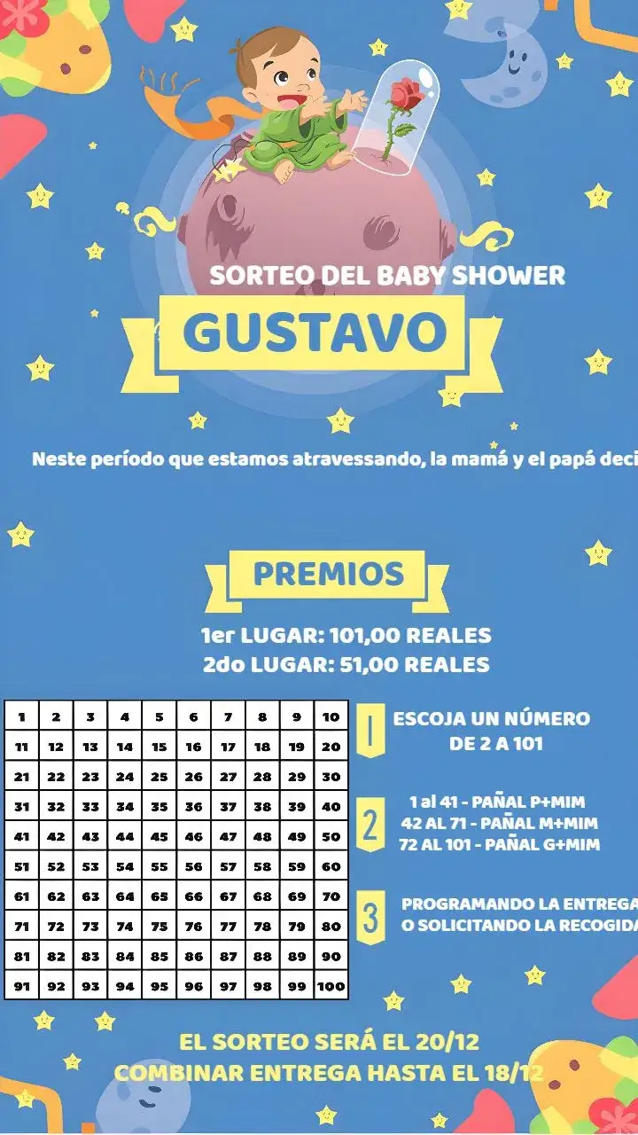 Invitación Té Rifa Pequeño Príncipe Amarillo – tema Té Rifa amarillo, azul, blanco, estrellas, luna, ilustración infantil