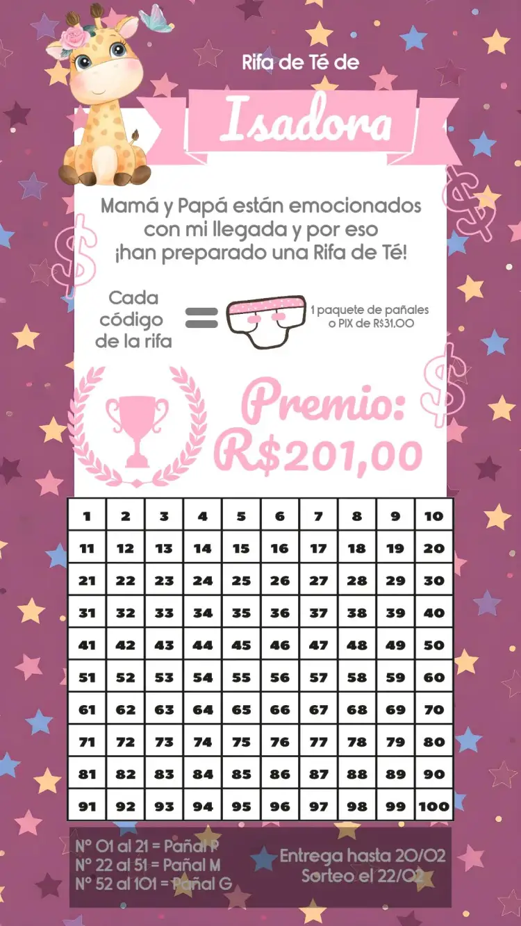 Invitación Chá Rifa Girafinha Fralda – tema Té Rifa floral, moderno, infantil, colorido, fofo, elegante