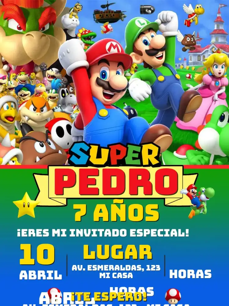 Invitación Invitación Cumpleaños Super Mario World – tema Cumpleaños Infantil colorido, temático, divertido, jogos, infantil, aventura