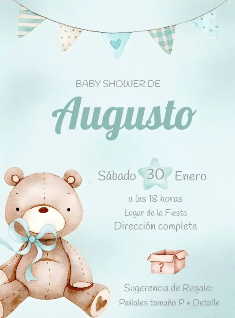 Invitación Baby Shower Osito Acuarela Verde – tema Baby Shower acuarela, osito, verde y rosa, ilustración infantil, divertido, lúdico