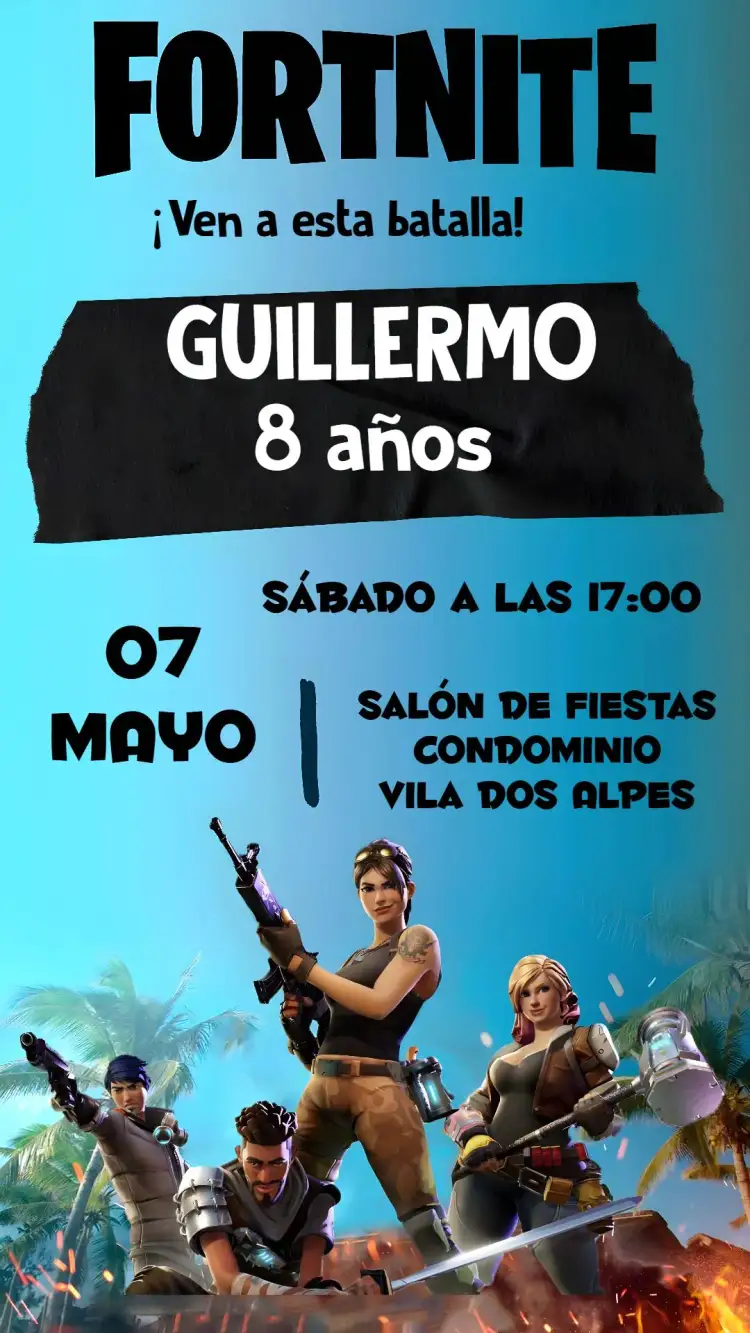 Invitación Fortnite – tema Cumpleaños jugador, colorido, moderno, divertido, vibrante