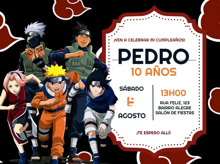 Invitación Naruto – tema Cumpleaños Infantil temática ninja, colores vibrantes, estilo anime, elementos gráficos divertidos, diseño moderno, ilustraciones de personajes
