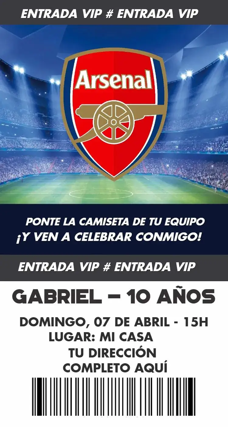 Invitación Entrada de Arsenal – tema Tarjeta moderno, deportivo, vibrante, dinámico, colorido