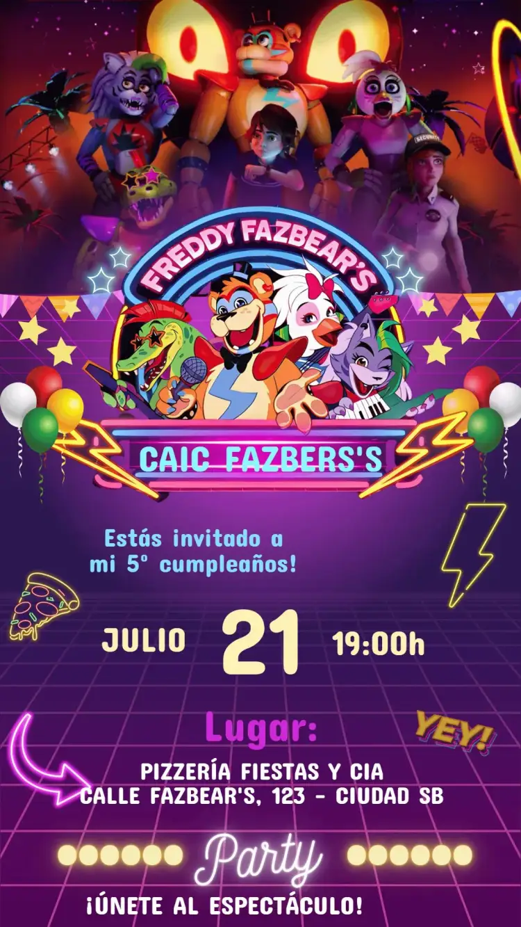 Invitación Invitación Cumpleaños Five Nights At Freddy Fazbear's – tema Cumpleaños Infantil oscuro y vibrante, divertido y lúdico, estilo de juego, personajes de terror, colores contrastantes, diseño moderno