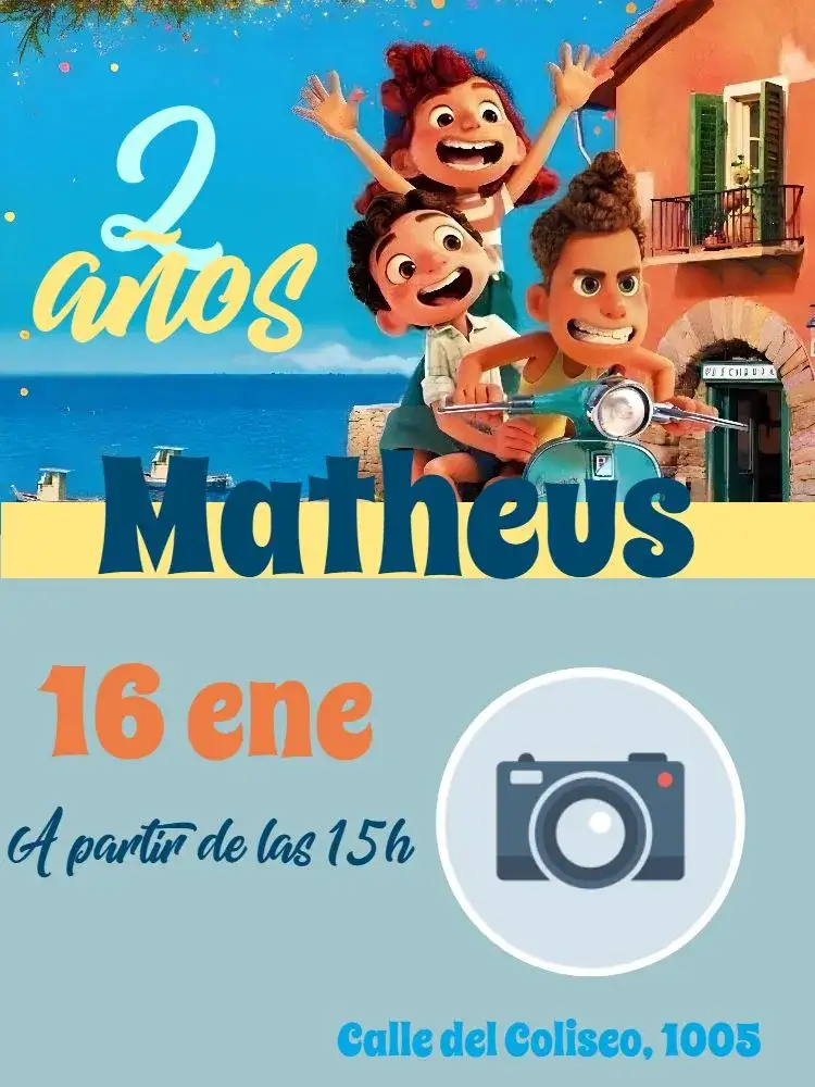 Invitación Luca Disney Con Foto Azul – tema Cumpleaños Infantil azul, Disney, Pixar, infantil, mágico, divertido