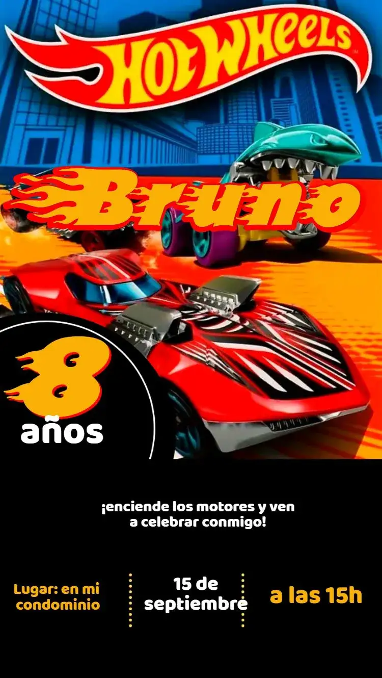 Invitación Hotwheels – tema Cumpleaños Infantil colores vibrantes, estilo moderno, elementos gráficos de carreras, diseño divertido, inspirado en juguetes, tema de coches