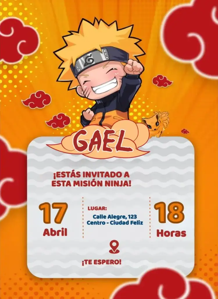 Invitación Naruto Kids – tema Cumpleaños Infantil colorido, anime, ninja, divertido, infantil, dinámico