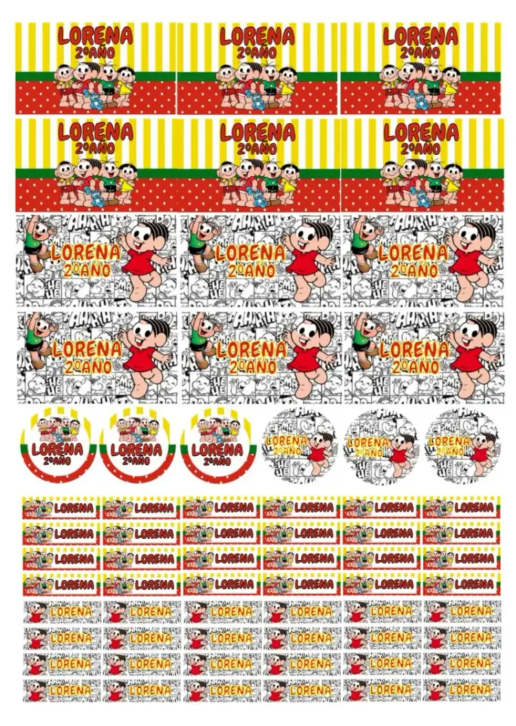 Invitación Etiqueta Escolar Turma Da Mônica Tag – tema Cumpleaños Infantil colorido, divertido, infantil, moderno, ilustraciones de personajes, dibujos animados