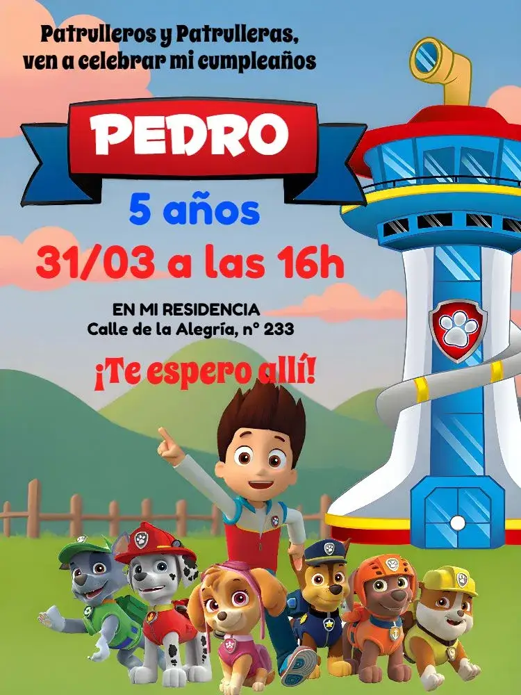 Invitación Patrulla Canina Animada – tema Cumpleaños Infantil colorido, divertido, temático, animado, infantil