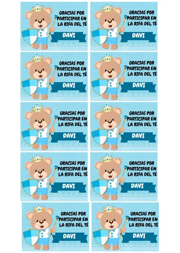 Invitación Etiqueta Té Chá Rifa Osito Príncipe Recuerdo – tema Té Rifa azul claro, blanco, oso de peluche, moderno, colorido