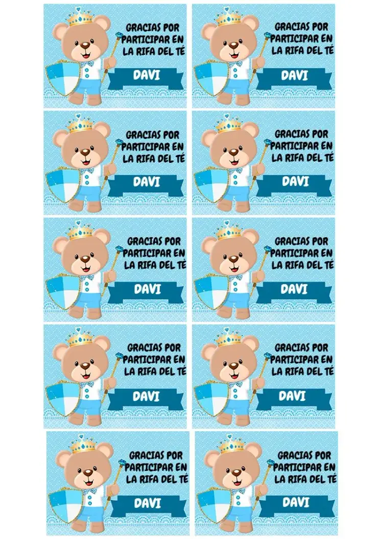 Invitación Etiqueta Té Chá Rifa Osito Príncipe Recuerdo editable y personalizable