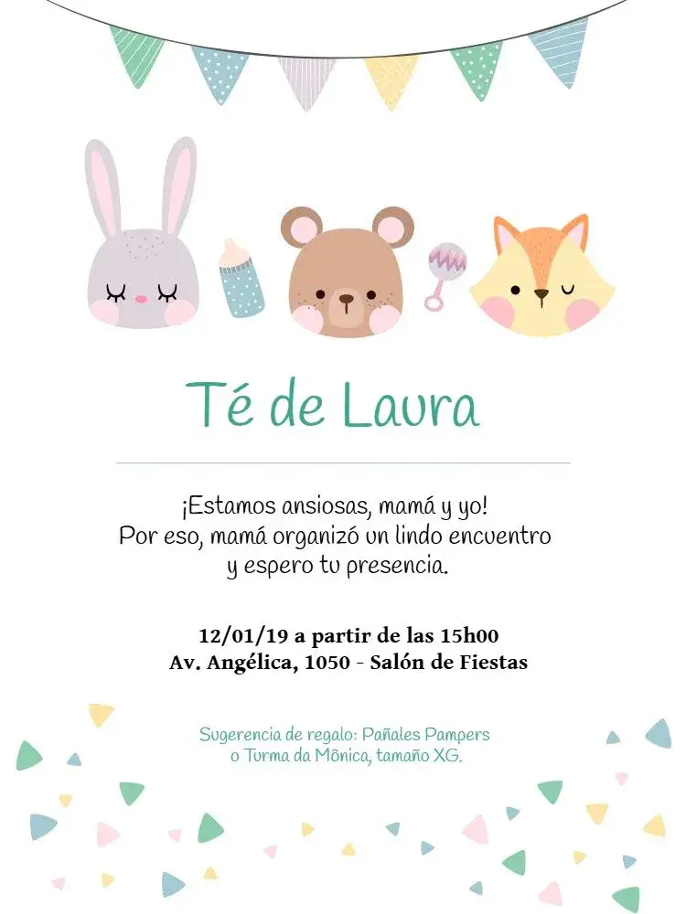 Invitación Baby Shower Infantil – tema Revelación Bebé delicado, lúdico, colorido, infantil, festivo, moderno