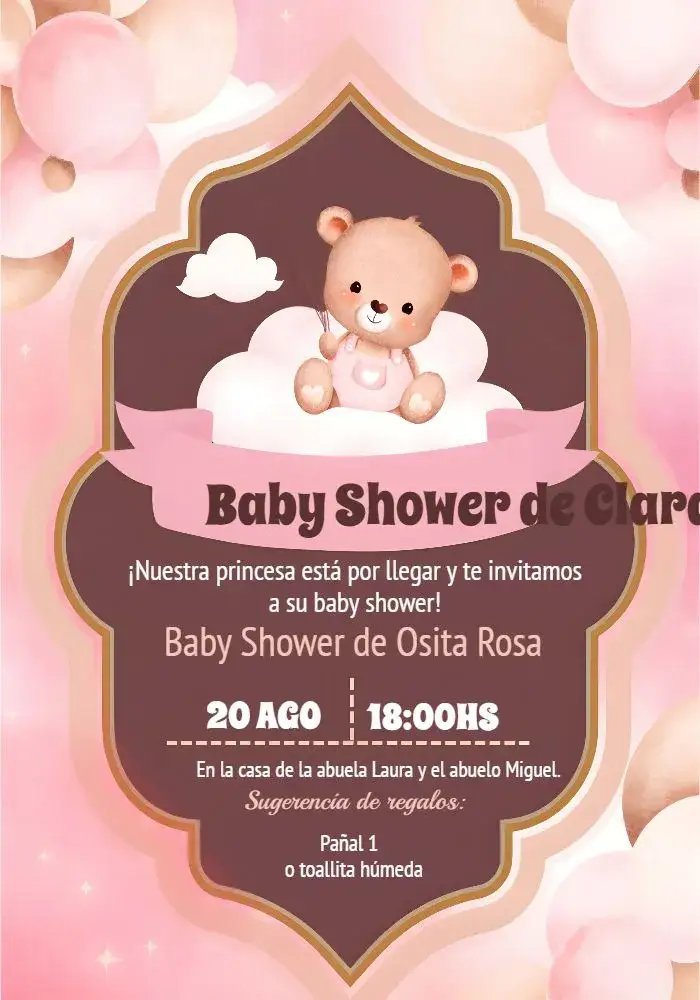 Invitación Baby Shower Osito Rosa – tema Baby Shower osita, rosa, blanco, marrón, globos, infantil
