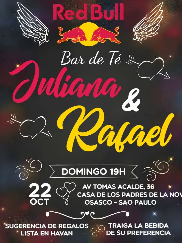Invitación Chá Bar Red Bull Cha – tema Despedida de Soltera pizarra, moderno, vibrante, divertido, joven, colorido