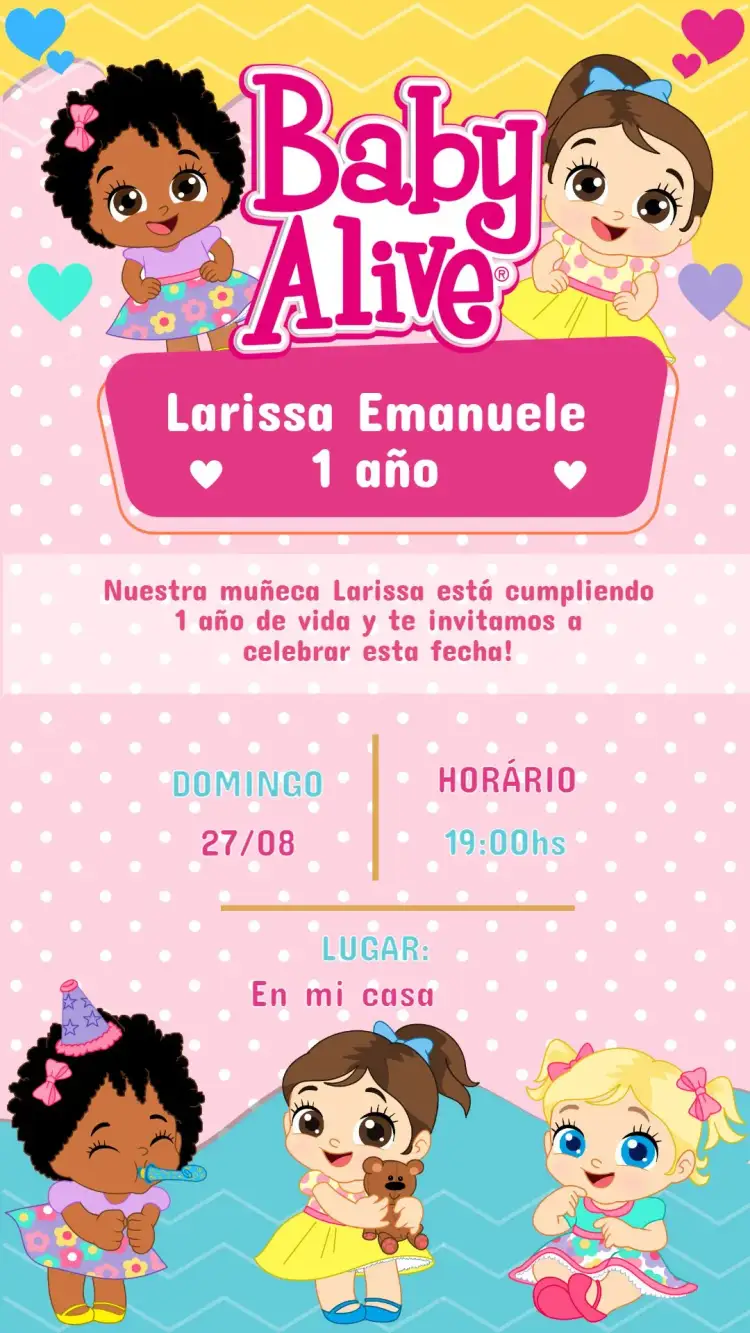 Invitación Invitación Cumpleaños Baby Alive – tema Cumpleaños Infantil colorido, divertido, ilustraciones de muñecas, estilo moderno, elementos gráficos, temas infantiles