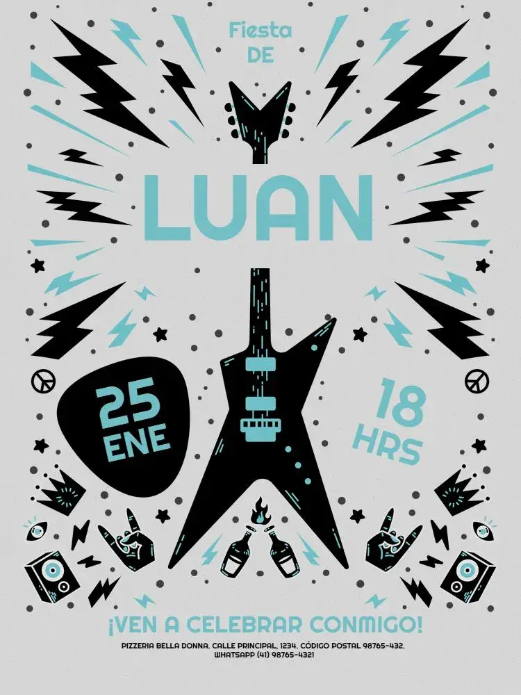 Invitación Rock N Roll Azul Grunge editable y personalizable