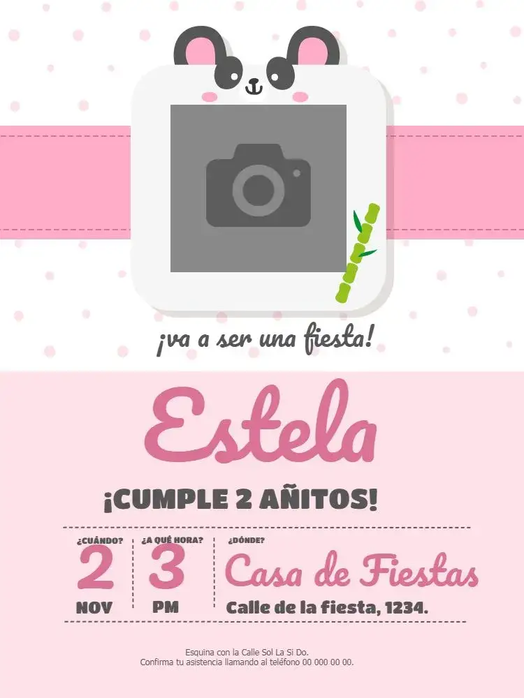 Invitación Panda Niña Estrella – tema Cumpleaños rosa, divertido, infantil, lúdico, colorido, moderno