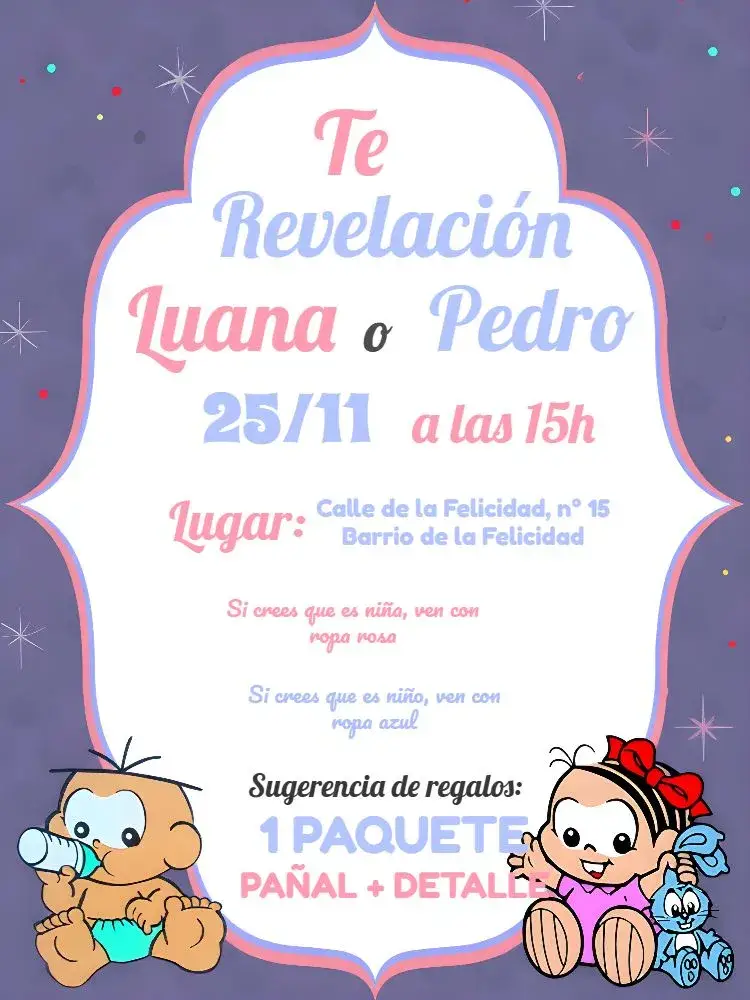 Invitación Baby Shower Revelación Turma Da Mônica Rosa editable y personalizable