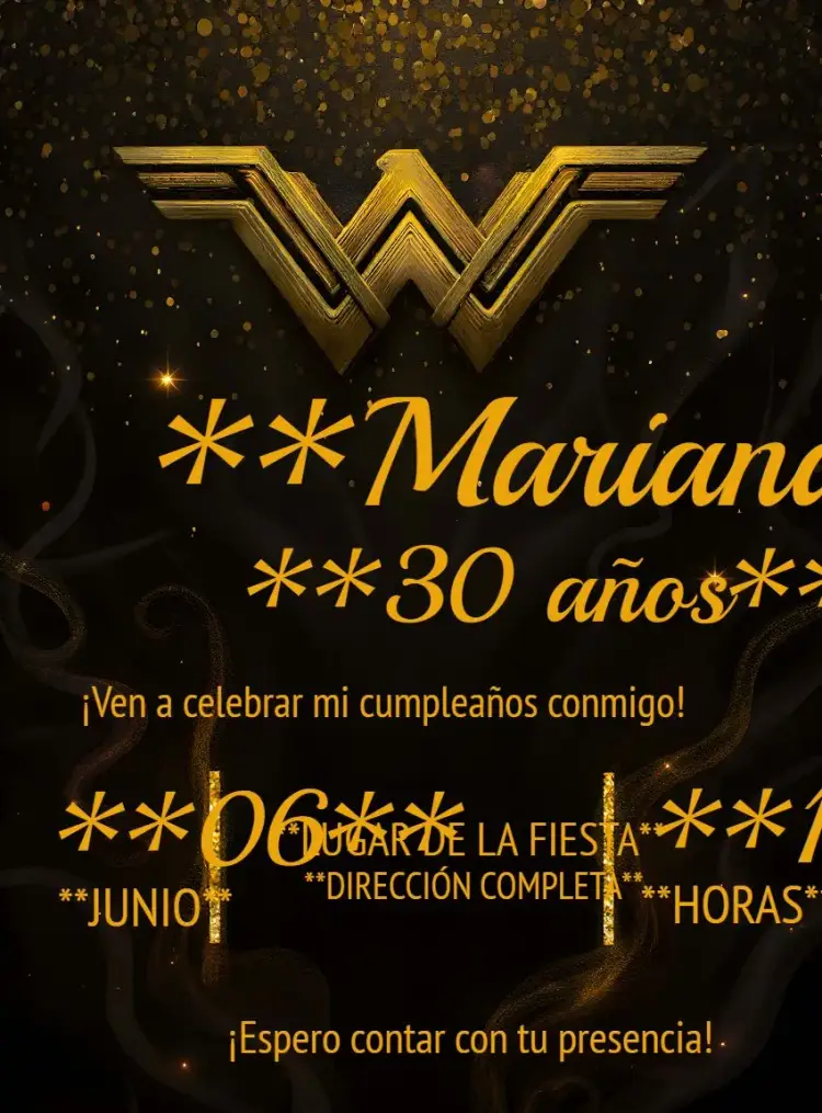 Invitación Mujer Maravilla Dorado Brillante Heroína