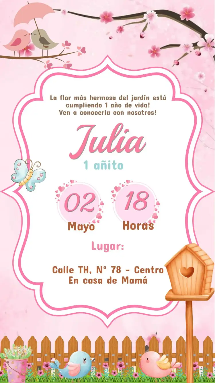 Invitación Invitación Digital Cumpleaños Jardín Encantado para Editar – tema Cumpleaños Infantil jardín mágico, colores vibrantes, ilustraciones lúdicas, estilo infantil, elementos naturales, diseño encantador