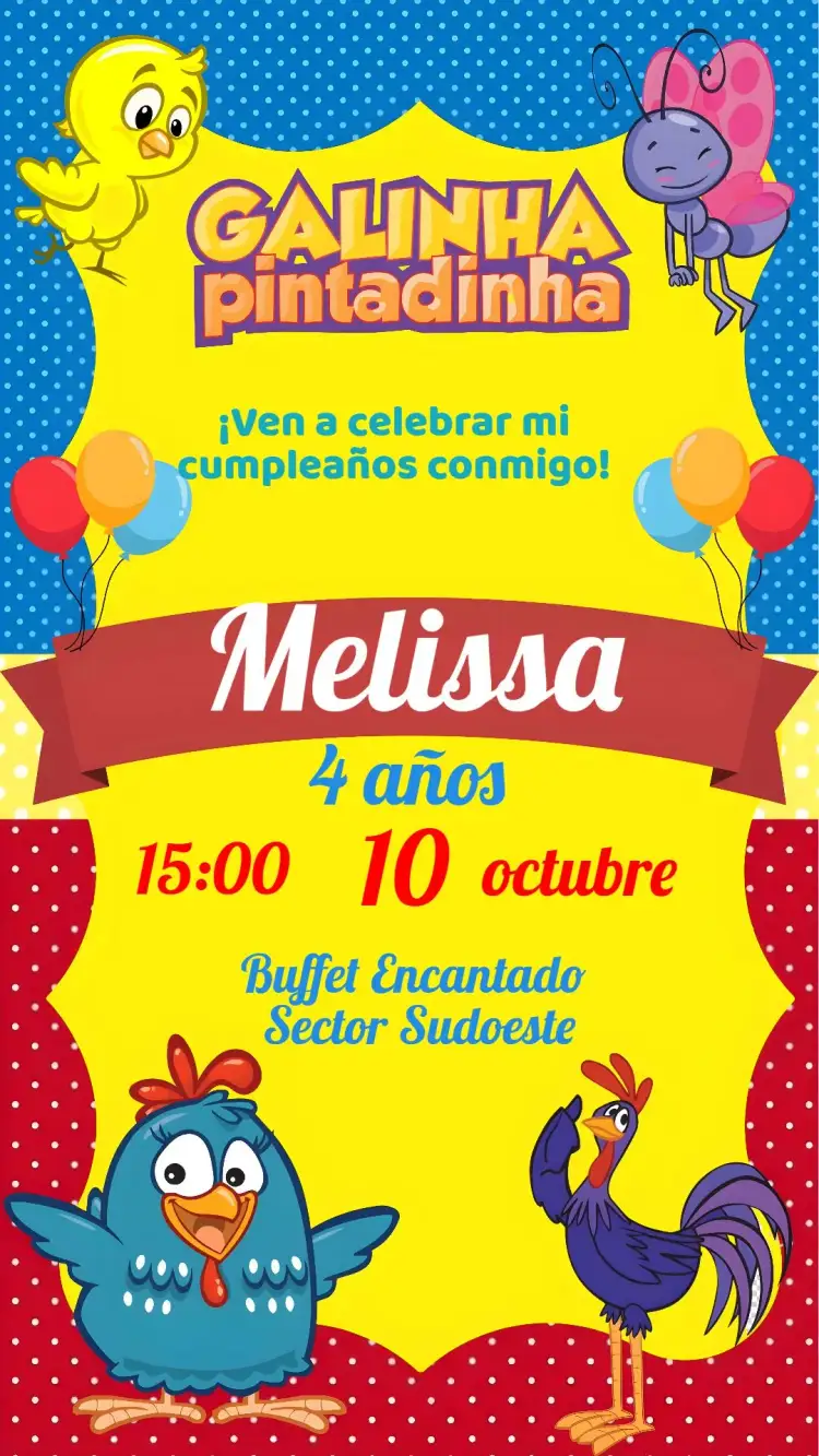Invitación Gallina Pintadita – tema Cumpleaños Infantil colorido, lúdico, divertido, temático, brincalhão, infantil