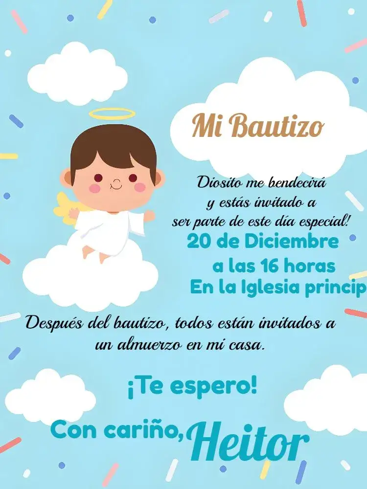Invitación Bautizo Angelito Angelita – tema Bautismo azul claro, blanco, angelitos, cielo, moderno, delicado