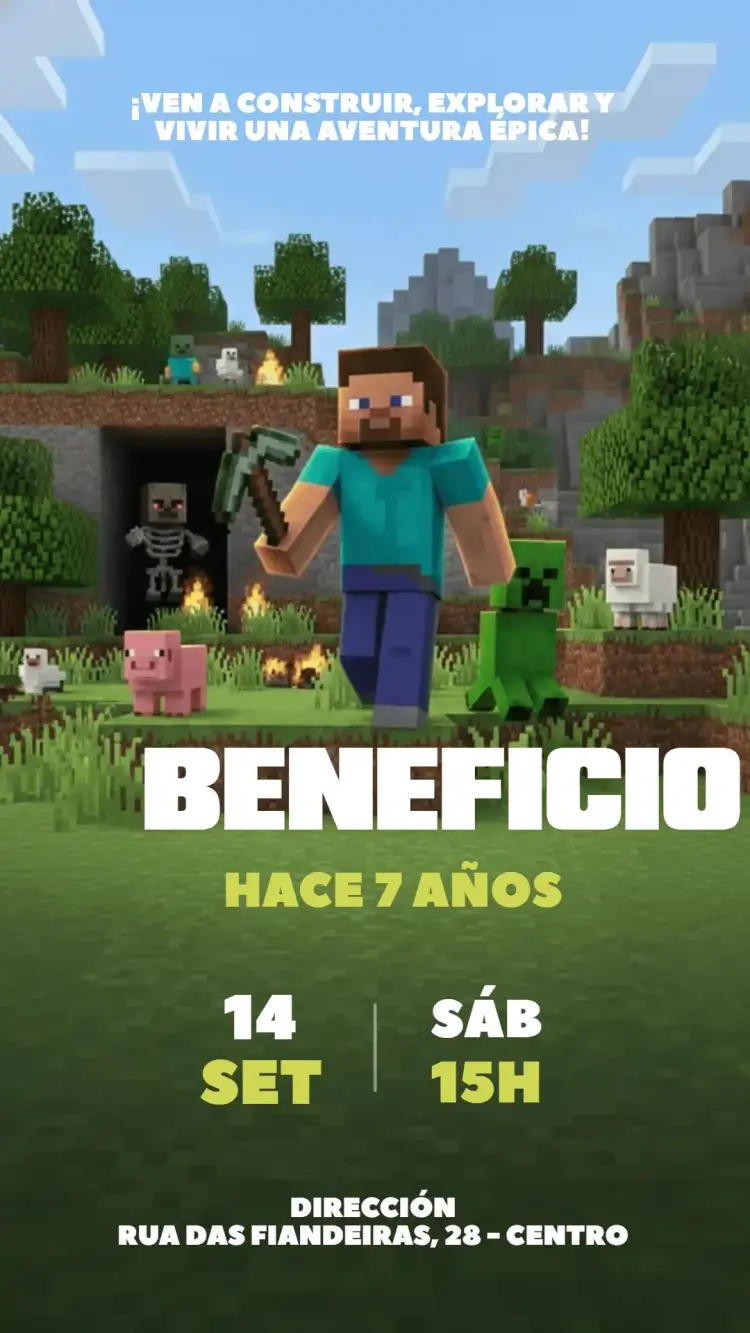 Invitación Invitación Digital Minecraft – tema Cumpleaños Infantil Minecraft, construcción, lúdico, colorido, aventura