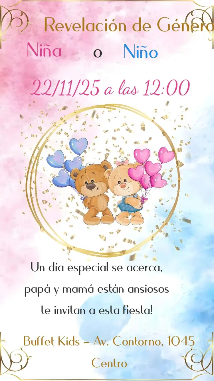 Invitación Fiesta de Revelación de Género – tema Revelación Bebé osos de peluche, pasteles, divertido, delicado, moderno