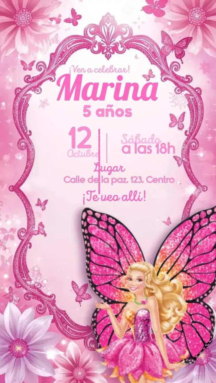 Invitación Barbie mariposa hada – tema Cumpleaños Infantil hadas, fantasía, mariposas, flores